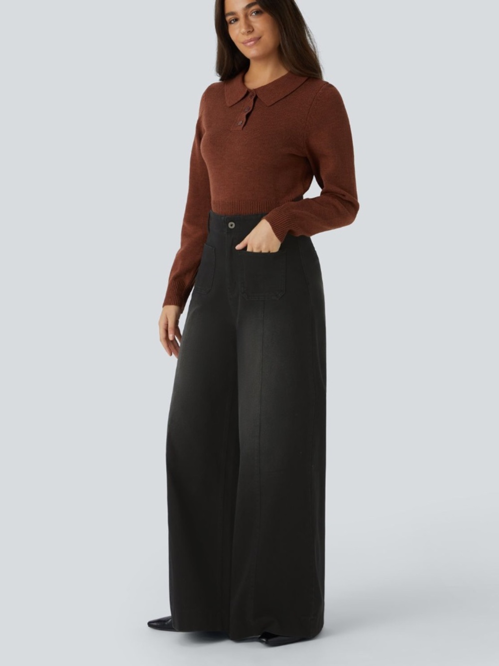 Halara Flex High Waisted Pockets Washed Wide Leg Jeans Small Coal Black Denim - Picture 11 of 12